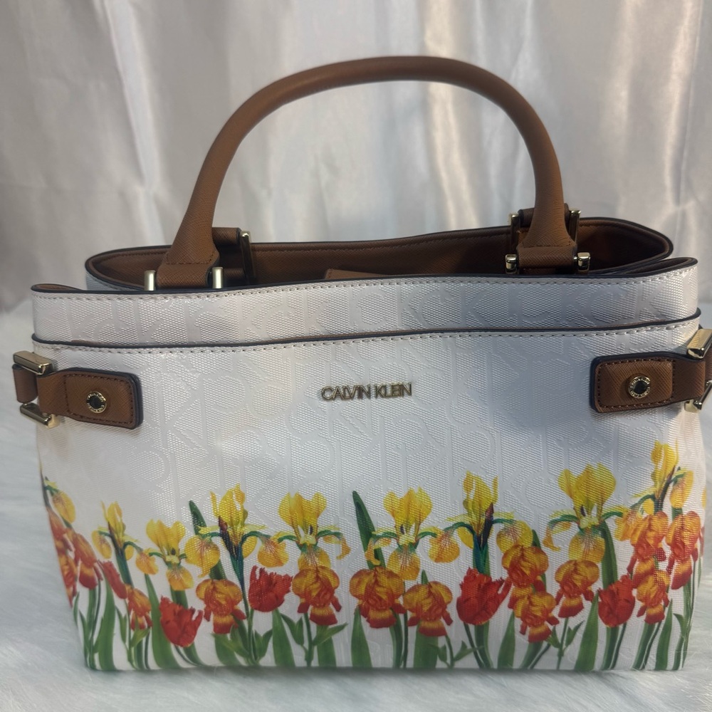 NWOT Calvin Klein White Orange Yellow Floral Iris Satchel Handbag Brown Trim
